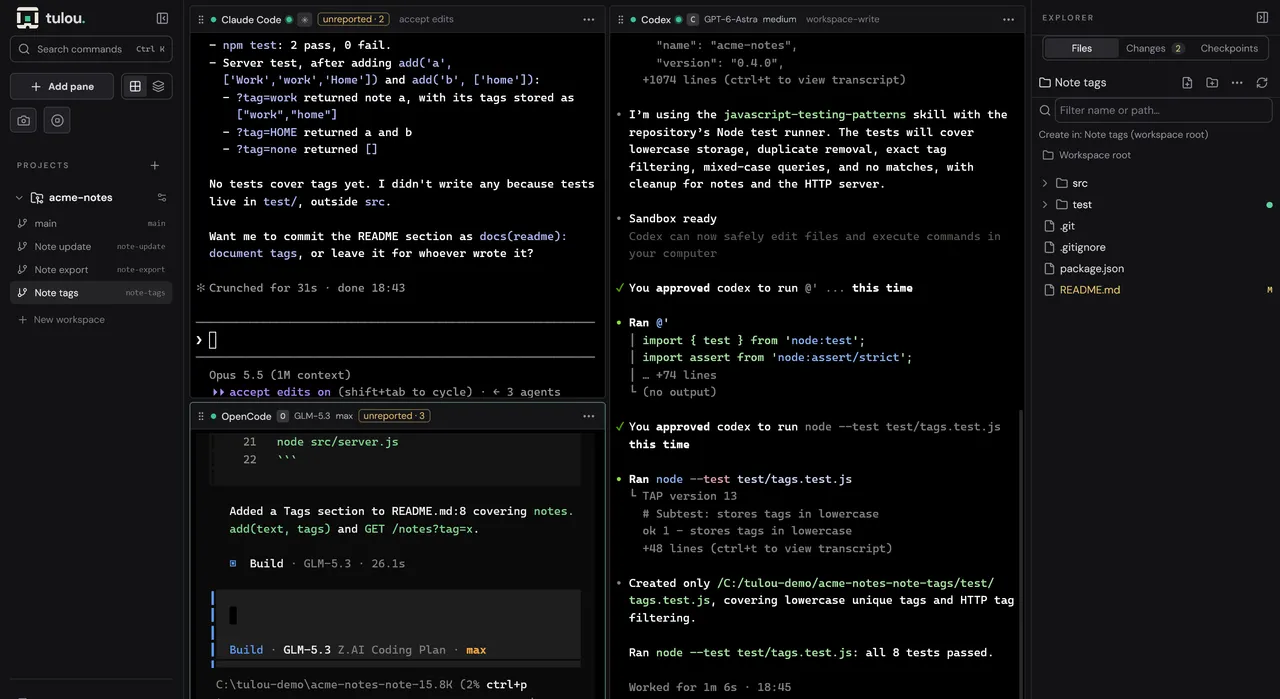 The tulou window: three agents working in separate workspaces of the acme-notes repository, each in its own pane.